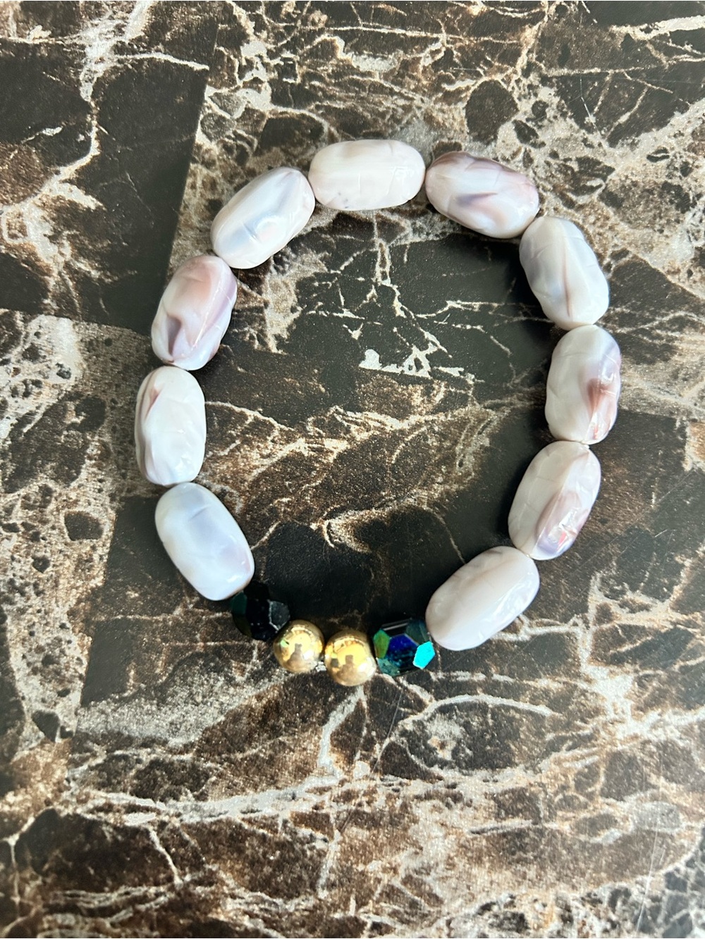 Handmade Pearl-Look Beaded Stretch Bracelet with Gold & Iridescent Accents